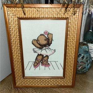 Framed ballerina bear cross stitch. Measures 7.5”x9.5”. Excellent condition!
